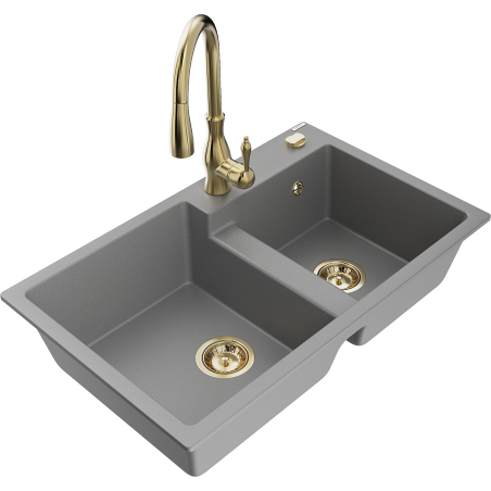 Mexen Tomas 2-bowl granite sink with Savita kitchen faucet, gray - 6516-71-672601-50