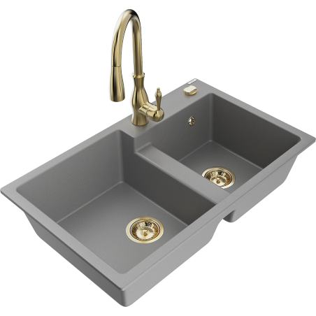 Mexen Tomas 2-compartment granite sink with a kitchen mixer tap Savita, Grey - 6516-71-672601-50