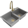 Mexen Tomas 2-bowl granite sink with Savita kitchen faucet, gray - 6516-71-672601-50
