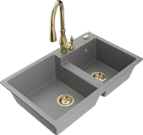 Mexen Tomas 2-bowl granite sink with Savita kitchen faucet, gray - 6516-71-672601-50