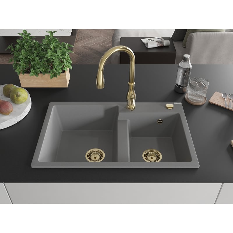 Mexen Tomas 2-bowl granite sink with Savita kitchen faucet, gray - 6516-71-672601-50