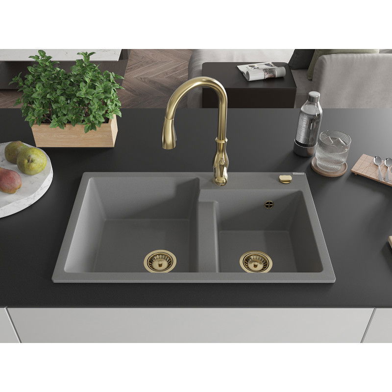 Mexen Tomas granite sink 2-chamber with kitchen tap Savita, grey - 6516-71-672601-50