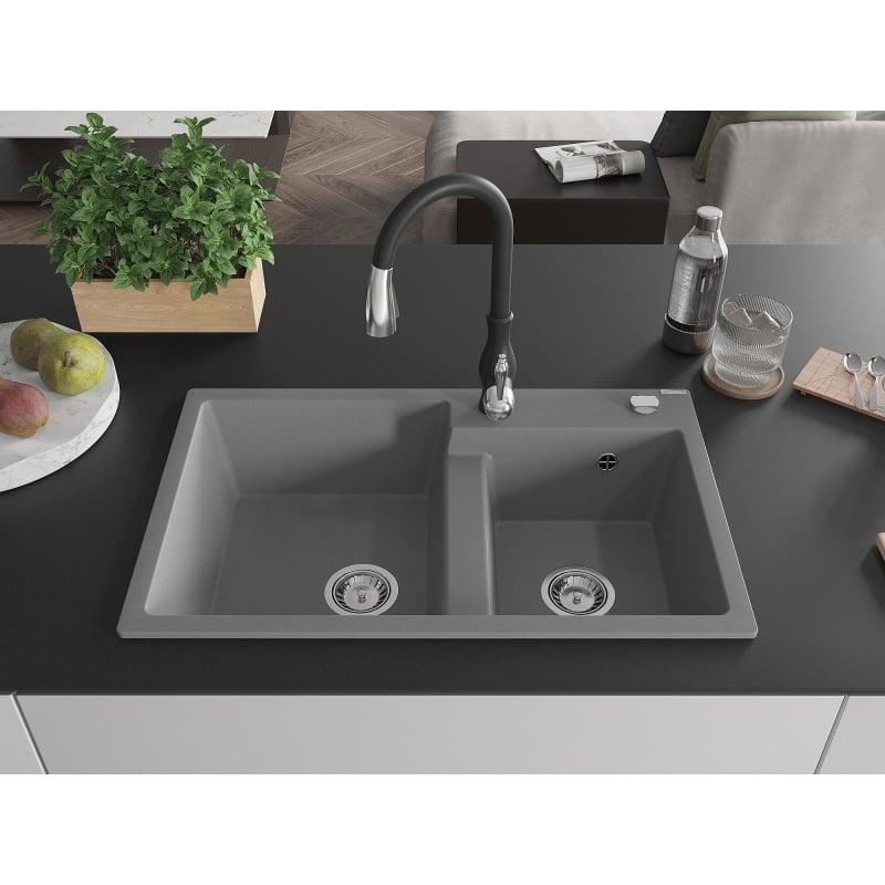 Mexen Tomas 2-bowl granite sink with Savita kitchen faucet, gray - 6516-71-672601-70