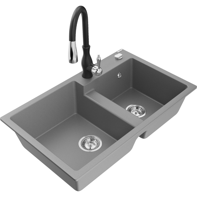 Mexen Tomas 2-bowl granite sink with Savita kitchen faucet, gray - 6516-71-672601-70