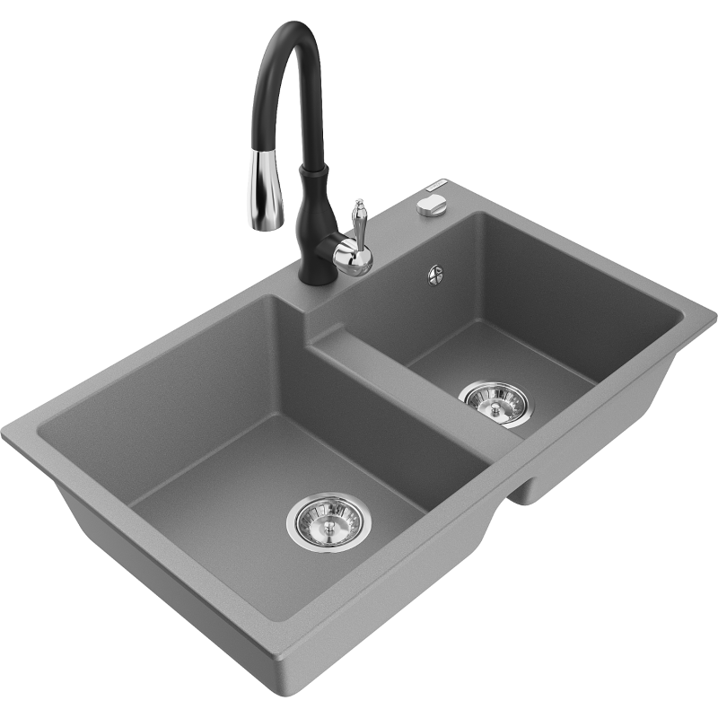 Mexen Tomas 2-compartment granite sink with a kitchen mixer tap Savita, Grey - 6516-71-672601-70