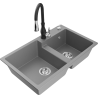 Mexen Tomas 2-bowl granite sink with Savita kitchen faucet, gray - 6516-71-672601-70