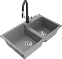 Mexen Tomas 2-Bowl Granite Sink with Savita Kitchen Faucet, Gray - 6516-71-672601-70