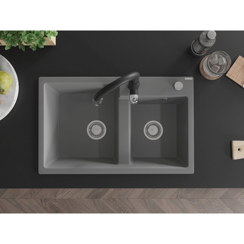 Mexen Tomas 2-bowl granite sink with Savita kitchen faucet, gray - 6516-71-672601-70