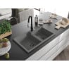 Mexen Tomas granite sink 2-bowl with Savita kitchen tap, grey - 6516-71-672601-70-B