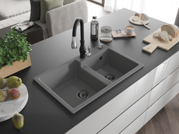 Mexen Tomas granite 2-bowl kitchen sink with Savita faucet, gray - 6516-71-672601-70-B