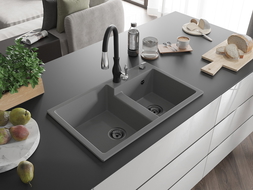 Mexen Tomas granite sink 2-bowl with Savita kitchen tap, grey - 6516-71-672601-70-B
