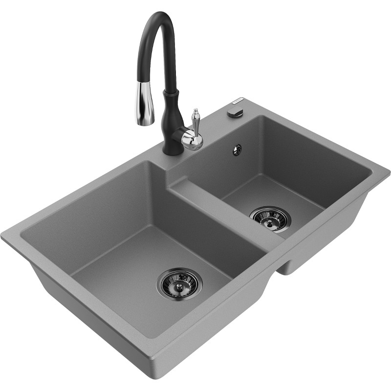 Mexen Tomas granite 2-bowl kitchen sink with Savita faucet, gray - 6516-71-672601-70-B