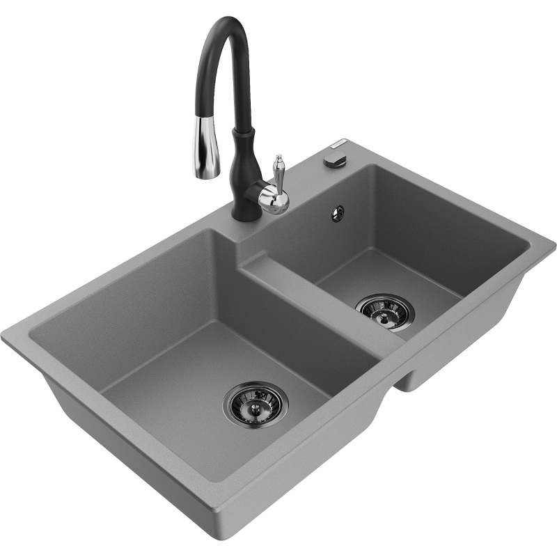 Mexen Tomas granite sink 2-bowl with Savita kitchen tap, grey - 6516-71-672601-70-B