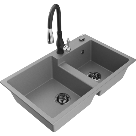 Mexen Tomas granite 2-bowl kitchen sink with Savita faucet, gray - 6516-71-672601-70-B