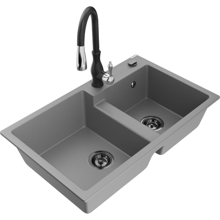 Mexen Tomas granite sink 2-bowl with Savita kitchen tap, grey - 6516-71-672601-70-B