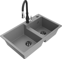 Mexen Tomas granite 2-bowl kitchen sink with Savita faucet, gray - 6516-71-672601-70-B