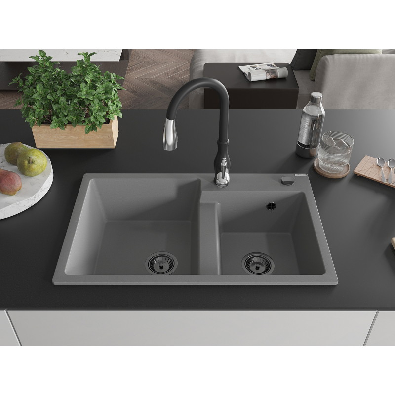 Mexen Tomas granite 2-bowl kitchen sink with Savita faucet, gray - 6516-71-672601-70-B