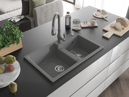 Mexen Tomas granite kitchen sink double-bowl with Savita kitchen tap, grey - 6516-71-672601-71