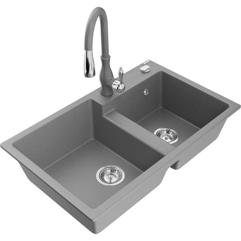 Mexen Tomas 2-bowl granite sink with Savita kitchen faucet, gray - 6516-71-672601-71