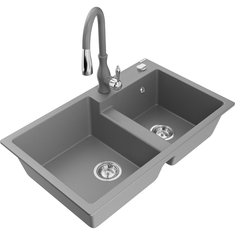 Mexen Tomas granite kitchen sink double-bowl with Savita kitchen tap, grey - 6516-71-672601-71