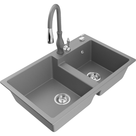 Mexen Tomas 2-bowl granite sink with Savita kitchen faucet, gray - 6516-71-672601-71