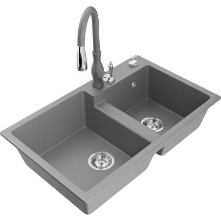 Mexen Tomas granite kitchen sink double-bowl with Savita kitchen tap, grey - 6516-71-672601-71