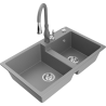 Mexen Tomas granite kitchen sink double-bowl with Savita kitchen tap, grey - 6516-71-672601-71