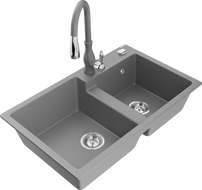 Mexen Tomas 2-bowl granite sink with Savita kitchen faucet, gray - 6516-71-672601-71