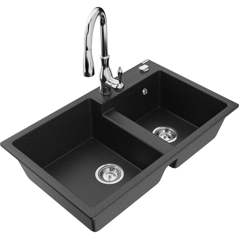 Mexen Tomas 2-compartment granite sink with a kitchen mixer tap Savita, Black/Silver metallic - 6516-73-672601-00