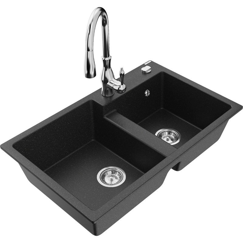 Mexen Tomas granit sink 2-bowl with kitchen faucet Savita, black/silver metallic - 6516-73-672601-00