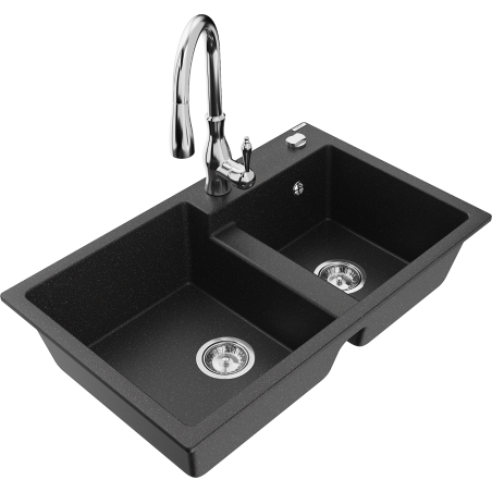Mexen Tomas granite double-bowl sink with Savita kitchen faucet, black/silver metallic - 6516-73-672601-00