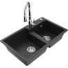 Mexen Tomas granite double-bowl sink with Savita kitchen faucet, black/silver metallic - 6516-73-672601-00
