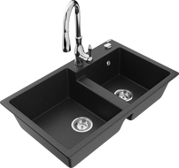 Mexen Tomas granite double-bowl sink with Savita kitchen faucet, black/silver metallic - 6516-73-672601-00