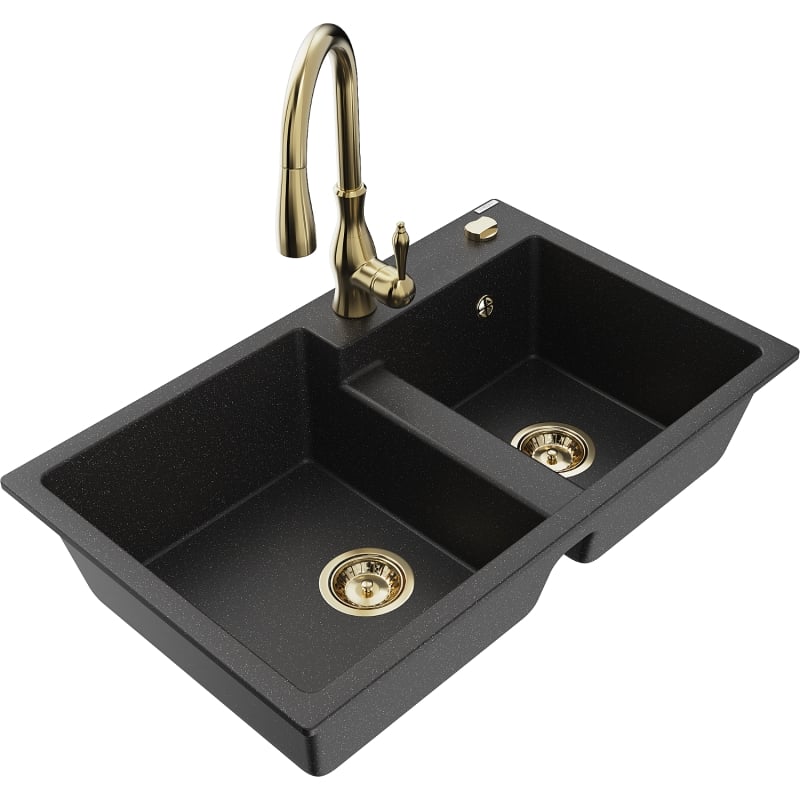 Mexen Tomas 2-chamber granite sink with Savita kitchen faucet, black/silver metallic - 6516-73-672601-50