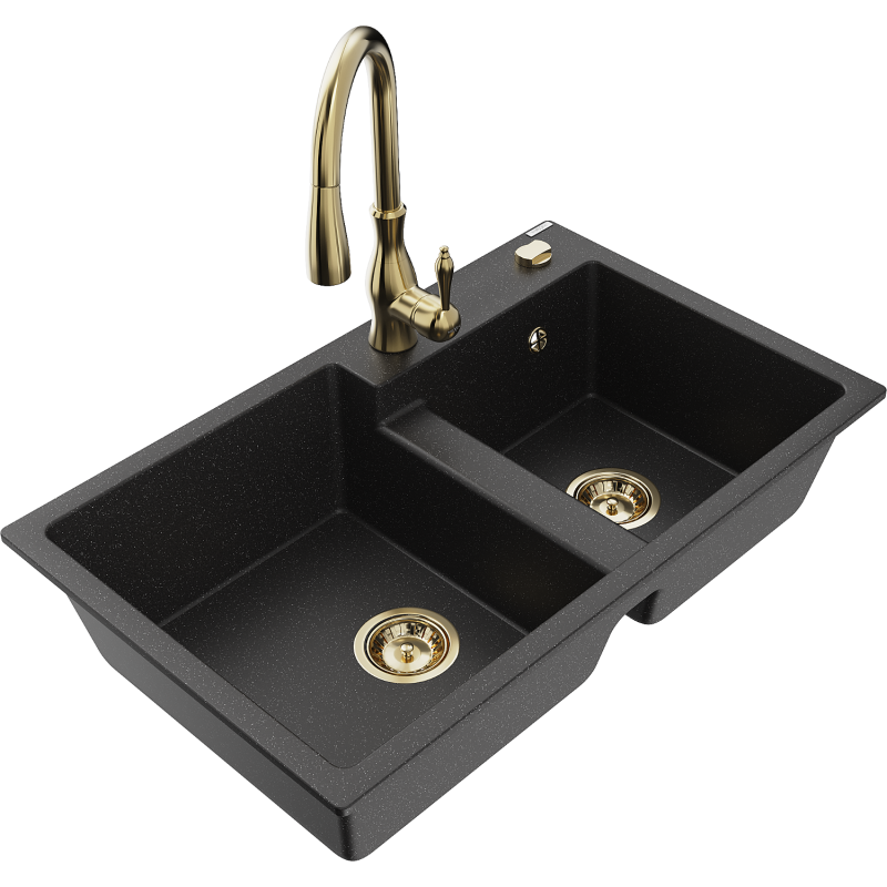 Mexen Tomas 2-compartment granite sink with a kitchen mixer tap Savita, Black/Silver metallic - 6516-73-672601-50
