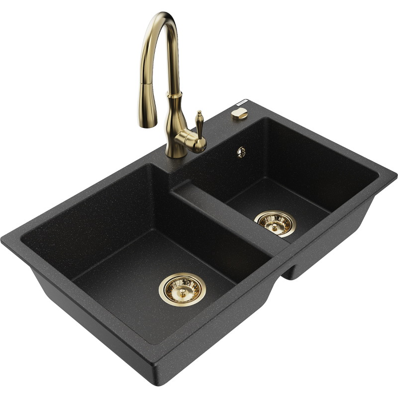 Mexen Tomas granite kitchen sink double bowl with Savita kitchen faucet, black/silver metallic - 6516-73-672601-50