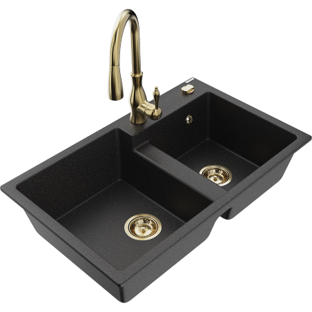 Mexen Tomas granite kitchen sink double bowl with Savita kitchen faucet, black/silver metallic - 6516-73-672601-50