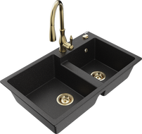 Mexen Tomas granite kitchen sink double bowl with Savita kitchen faucet, black/silver metallic - 6516-73-672601-50