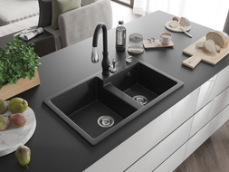 Mexen Tomas granite double bowl sink with Savita kitchen faucet, black/silver metallic - 6516-73-672601-70