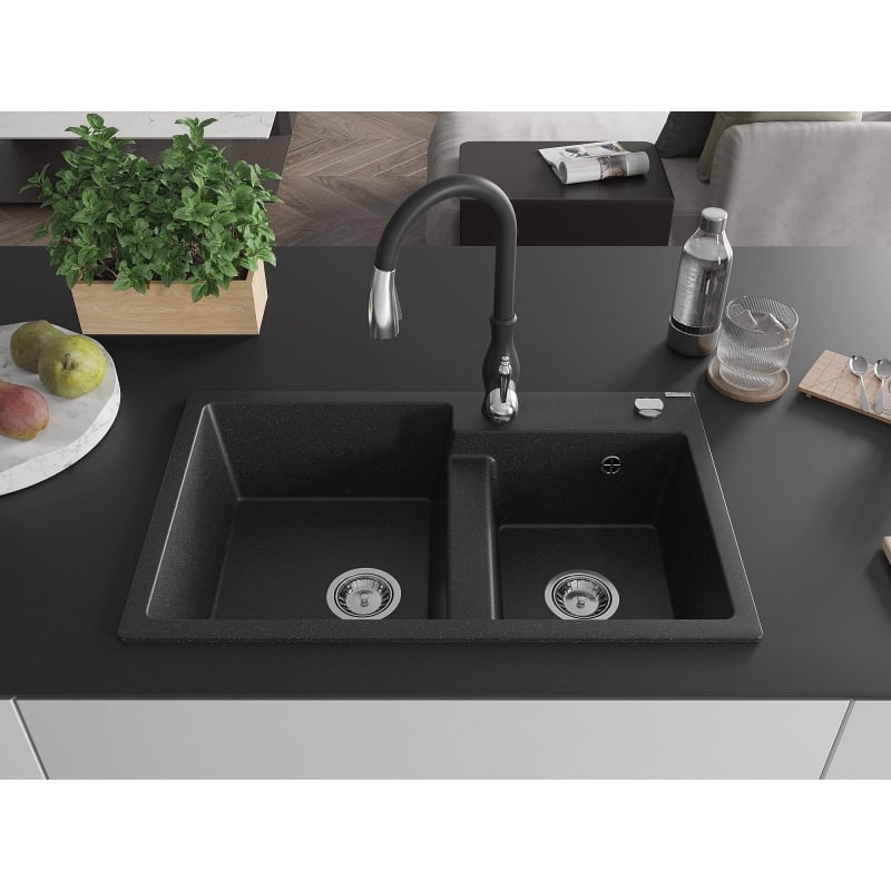 Mexen Tomas 2-bowl granite sink with kitchen faucet Savita, black/silver metallic - 6516-73-672601-70
