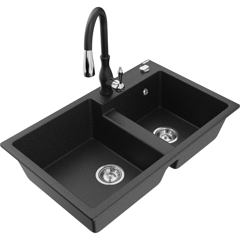 Mexen Tomas granite sink double-bowl with Savita kitchen tap, black/silver metallic - 6516-73-672601-70