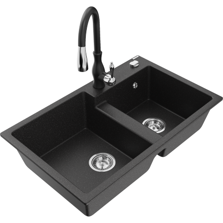 Mexen Tomas 2-bowl granite sink with kitchen faucet Savita, black/silver metallic - 6516-73-672601-70