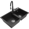 Mexen Tomas granite double bowl sink with Savita kitchen faucet, black/silver metallic - 6516-73-672601-70