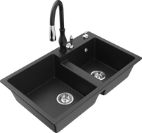 Mexen Tomas granite double bowl sink with Savita kitchen faucet, black/silver metallic - 6516-73-672601-70