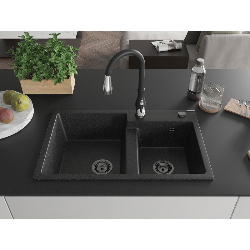 Mexen Tomas granite sink 2-chamber with Savita kitchen tap, black/silver metallic - 6516-73-672601-70-B