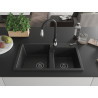 Mexen Tomas 2-bowl granite sink with Savita kitchen faucet, black/silver metallic - 6516-73-672601-70-B
