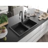 Mexen Tomas granite sink 2-chamber with Savita kitchen tap, black/silver metallic - 6516-73-672601-70-B