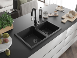 Mexen Tomas 2-bowl granite sink with Savita kitchen faucet, black/silver metallic - 6516-73-672601-70-B