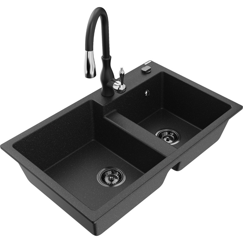 Mexen Tomas 2-bowl granite sink with Savita kitchen faucet, black/silver metallic - 6516-73-672601-70-B