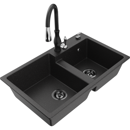 Mexen Tomas granite sink 2-chamber with Savita kitchen tap, black/silver metallic - 6516-73-672601-70-B